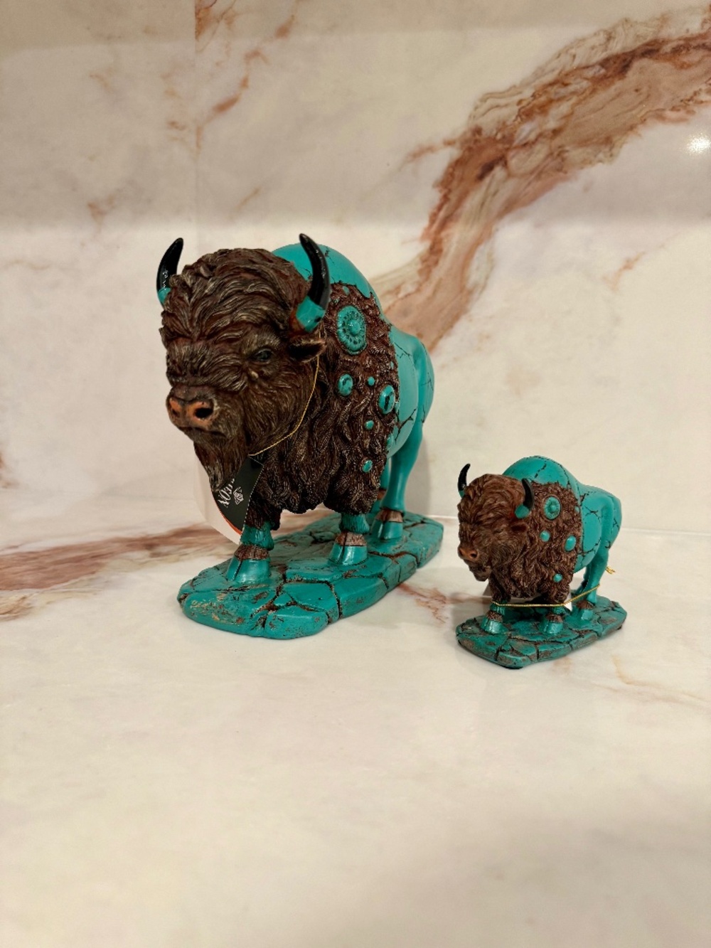 Majestic Turquoise Buffalo Figurine - Rustic Western Resin Bison Home Decor